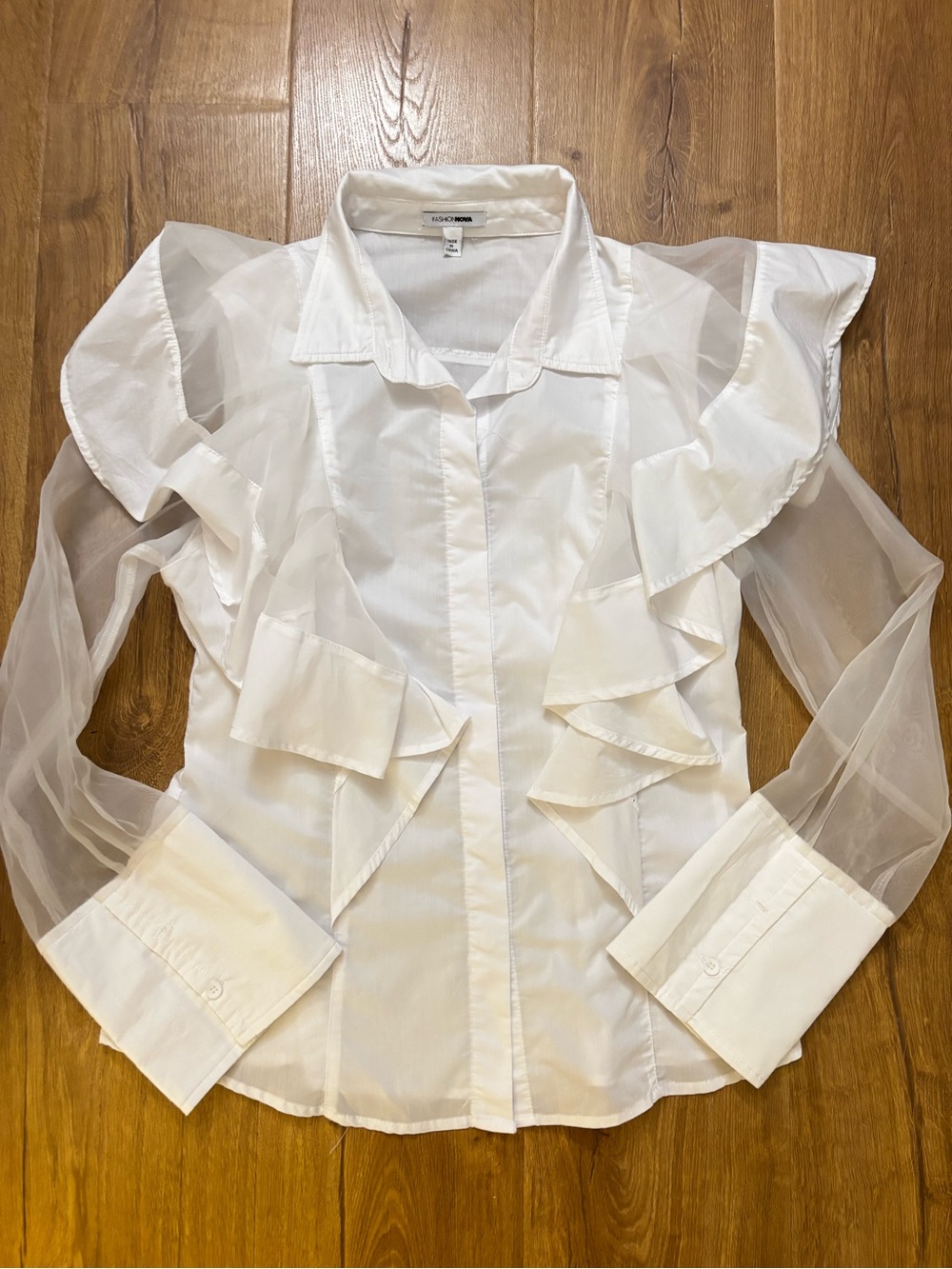 Fashion Nova White Ruffle Sheer Sleeve Button-Down Blouse